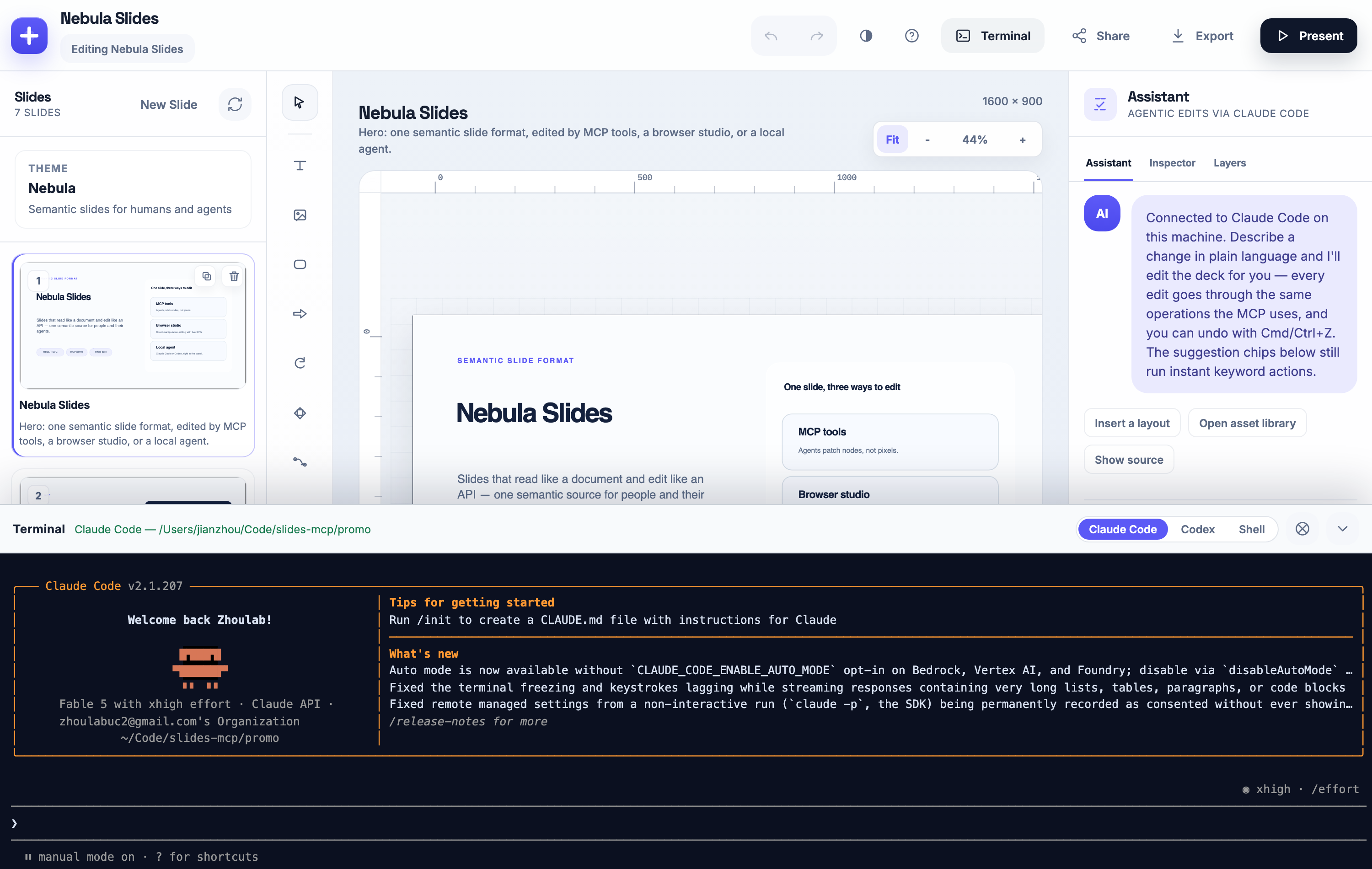 Nebula Slides editor with Claude Code running in the integrated terminal drawer