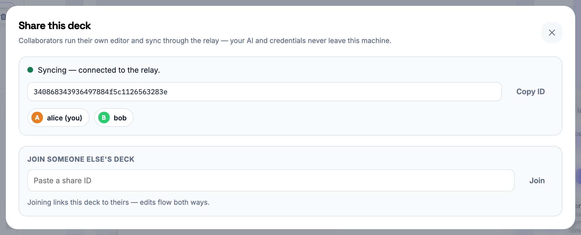 Share dialog with sync status, share ID, and live collaborator presence